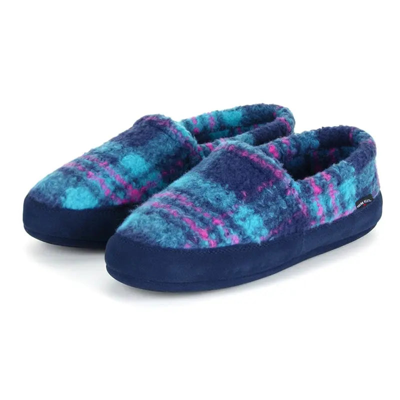 Women's plaid moccasin slippers, blue with turquoise and pink checks