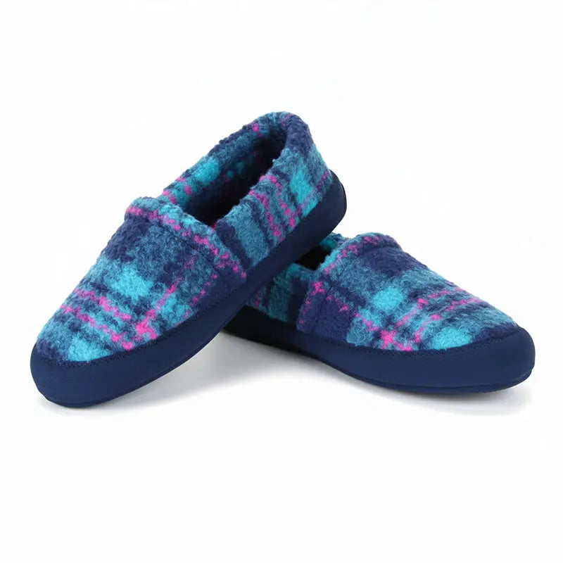 Women's plaid moccasin slippers, side view, blue with turquoise and pink pattern