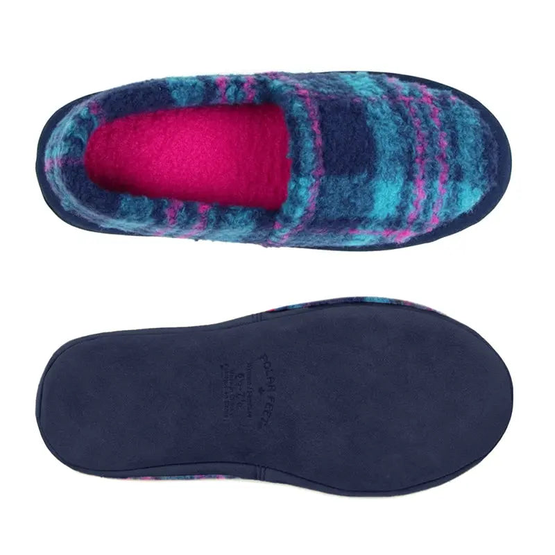 Women's plaid moccasin slippers, top and sole view, blue with turquoise and pink lining