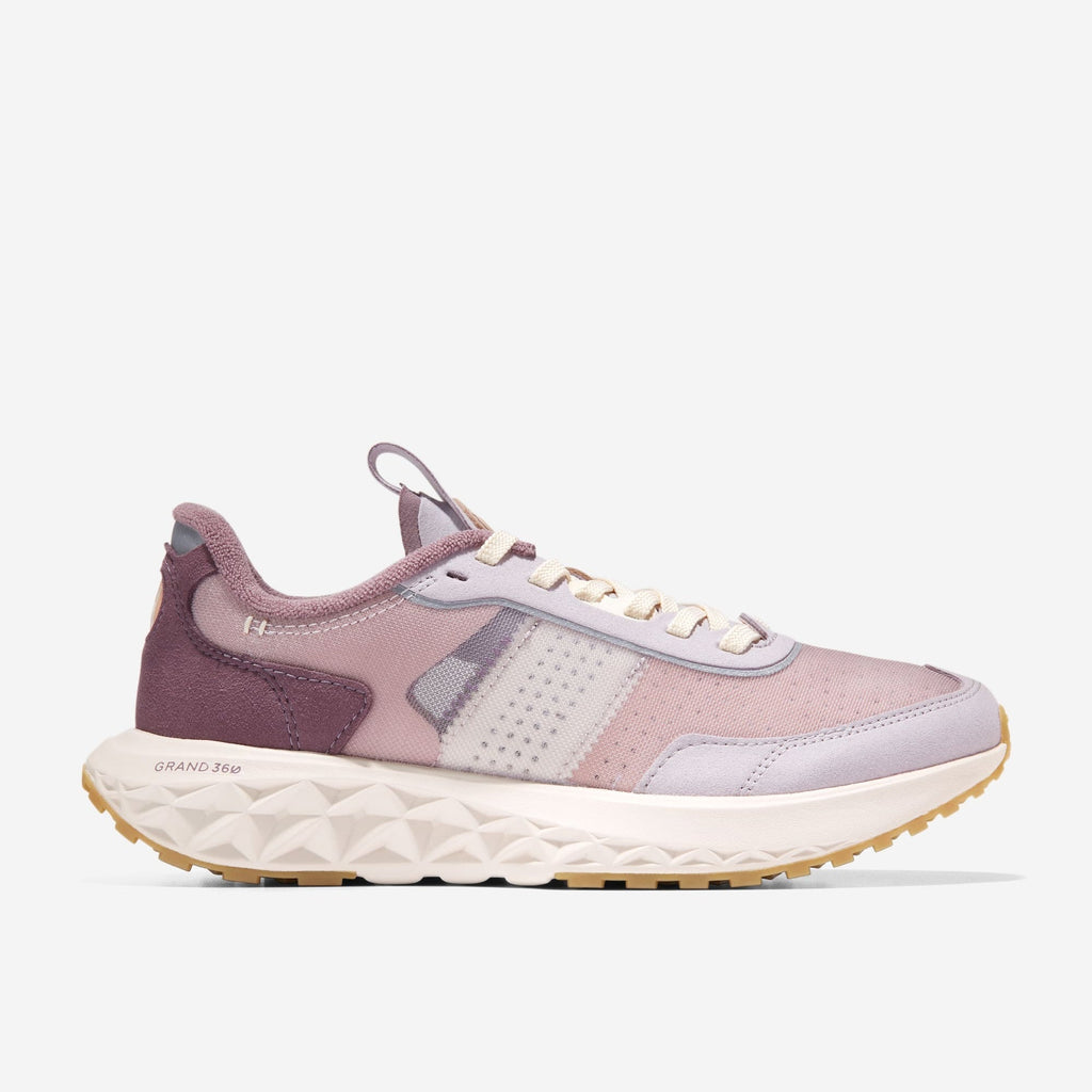 Women's low-top sneakers in mauve, lavender, and white with lace-up design.
