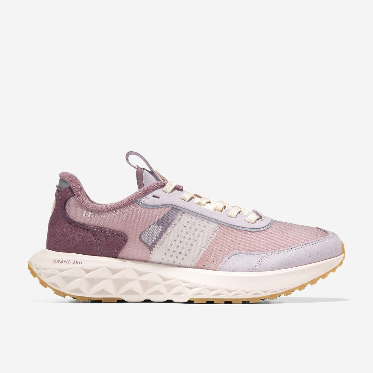 Women's low-top sneakers in mauve, lavender, and white with lace-up design.
