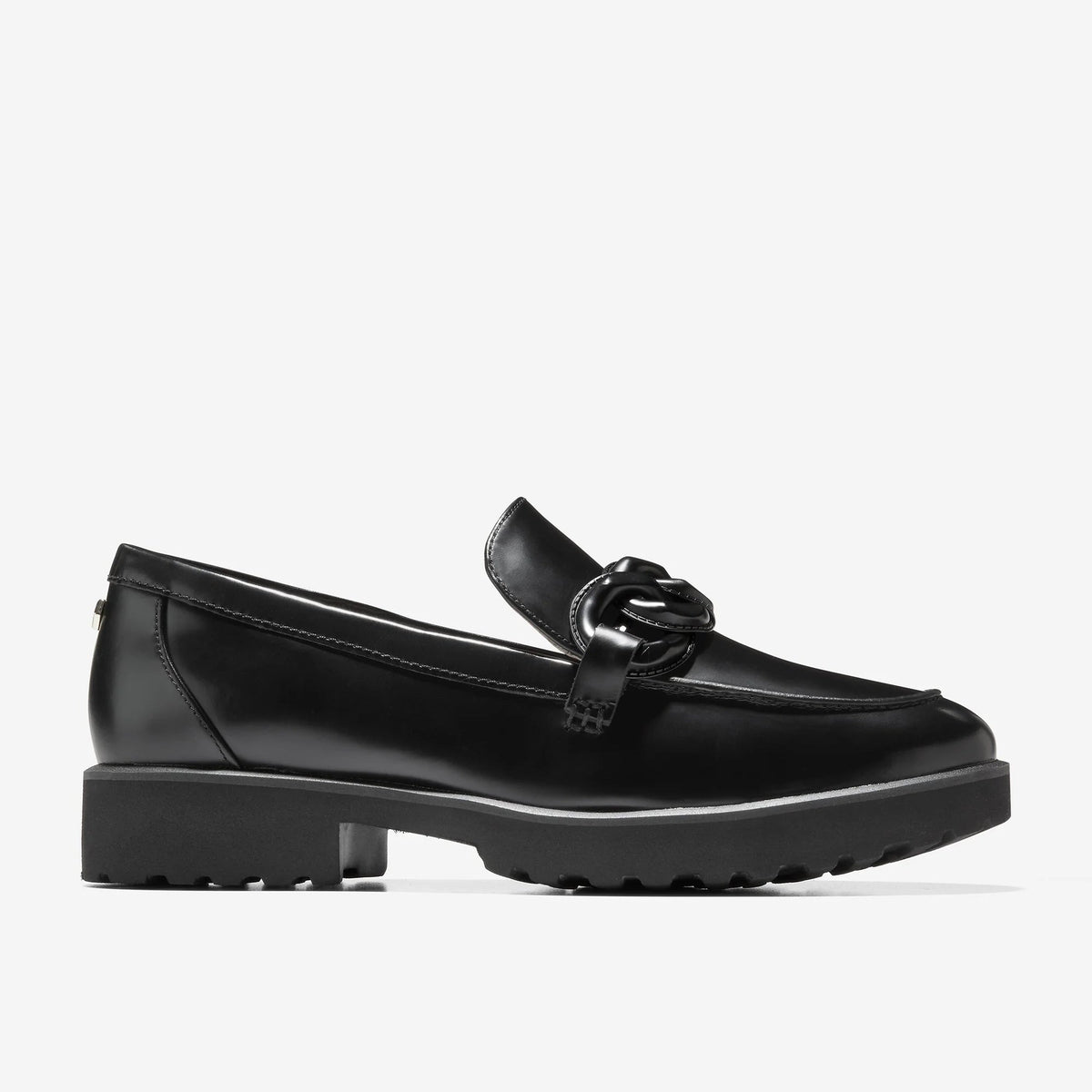 Women’s Cole Haan chain loafer, black leather upper with chunky platform sole