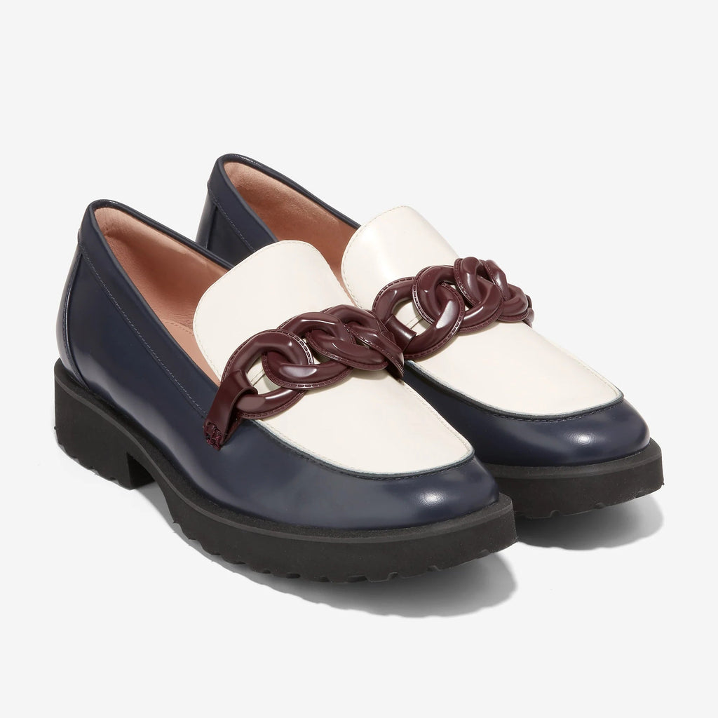 Women's chain loafers in navy with white accents and burgundy linked detail, lug sole