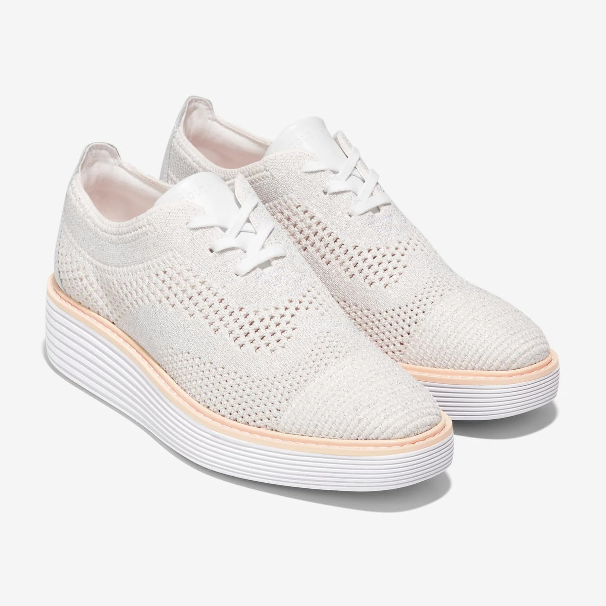 Women's knit platform wingtip oxford sneakers in white, lace-up front and tan trim