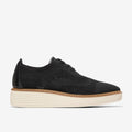 Black knit lace-up platform wingtip Oxford with textured pattern and cream contrast sole