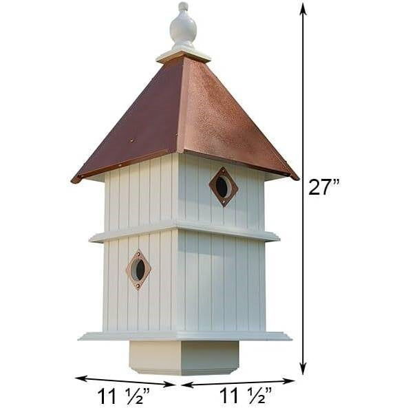 Two-story birdhouse, 27" tall; 11 1/2" square base; copper-tone roof, two diamond doors