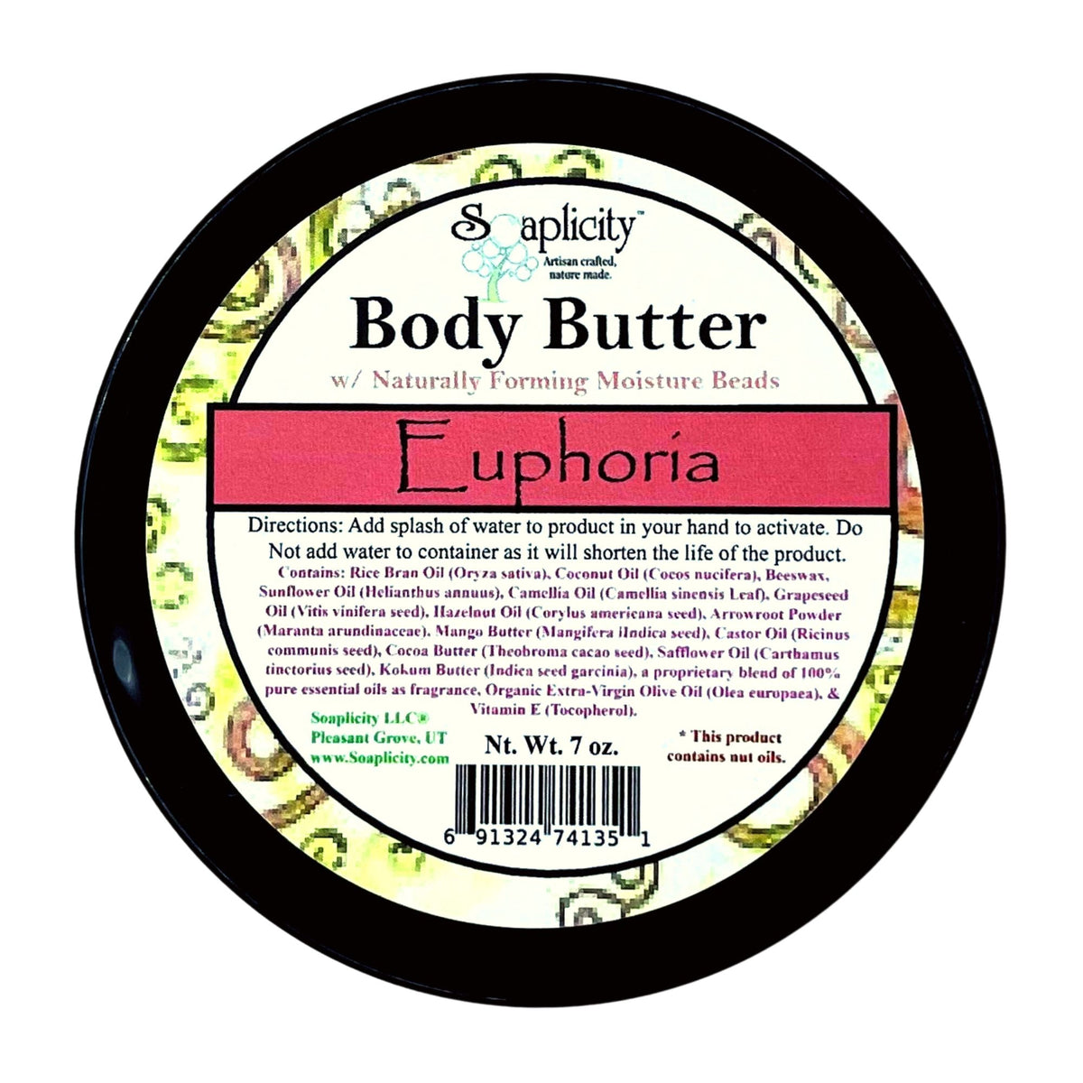 Body butter jar label back with directions and ingredients text