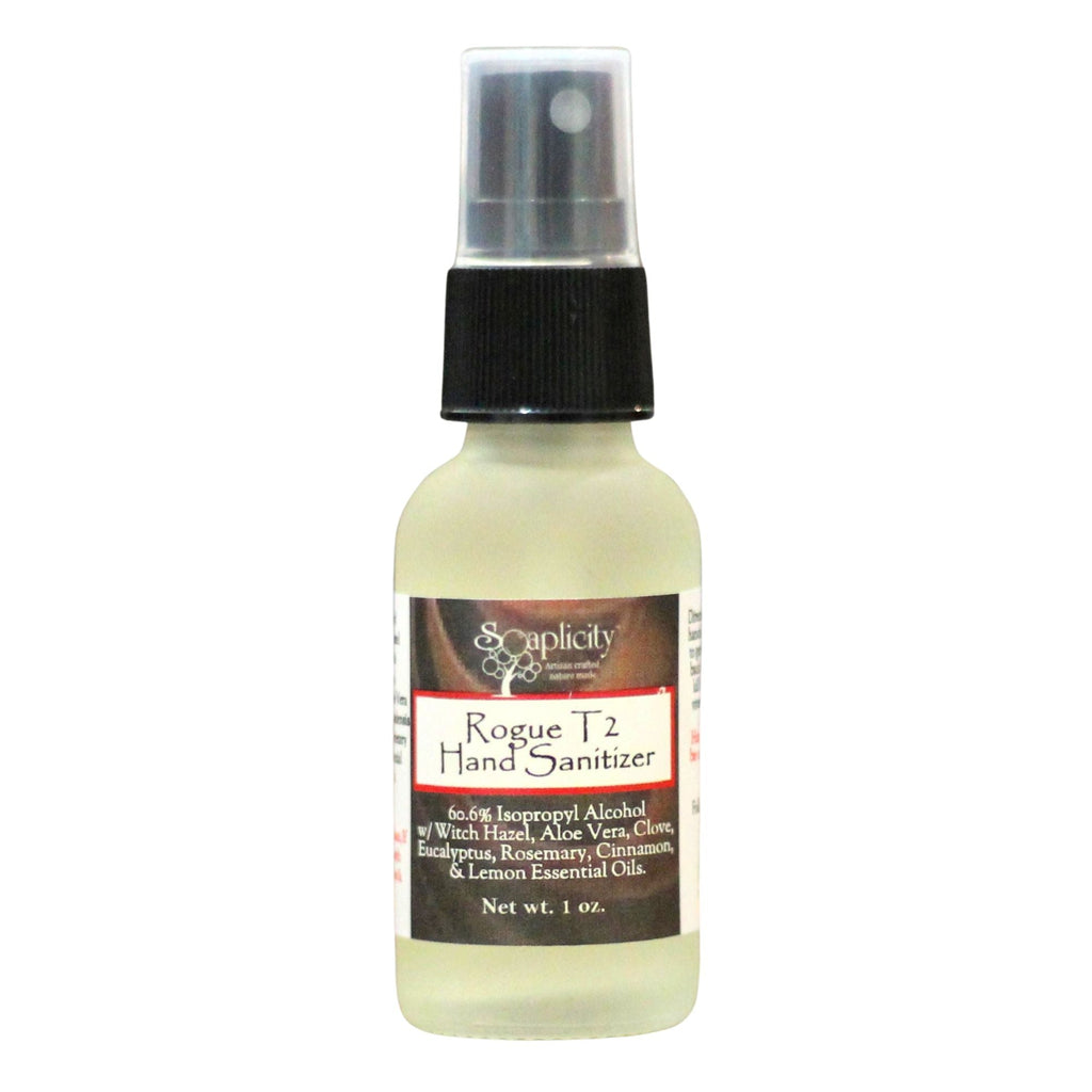 Rogue T2 hand sanitizer bottle with spray cap and label, 1 oz light yellow