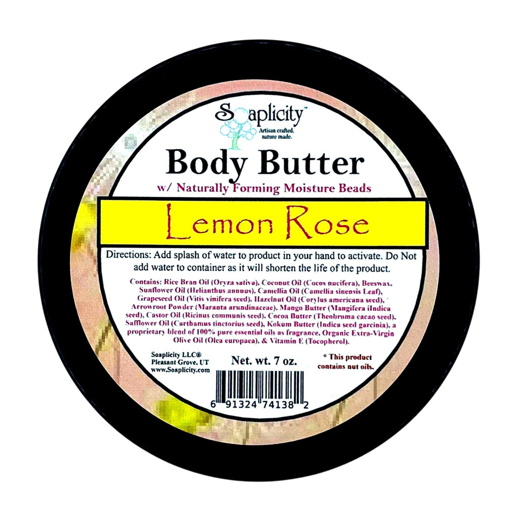 Body butter label on black lid: Lemon Rose, directions and net wt markings