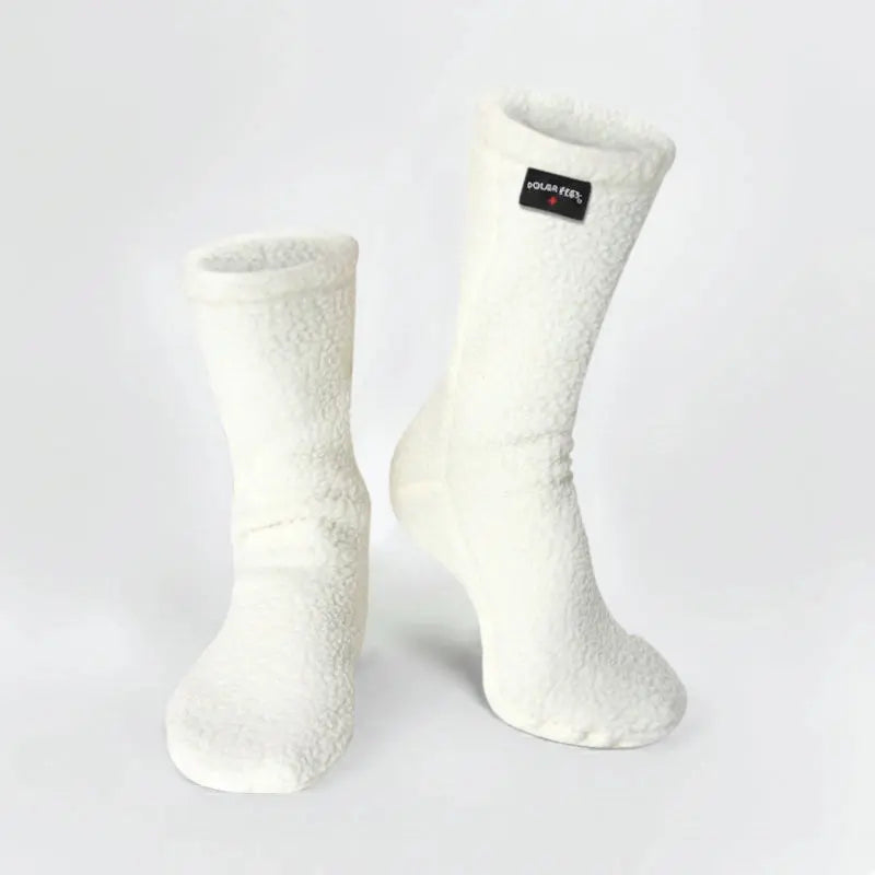 Cream supersoft fleece crew socks, pair view, ribbed cuffs