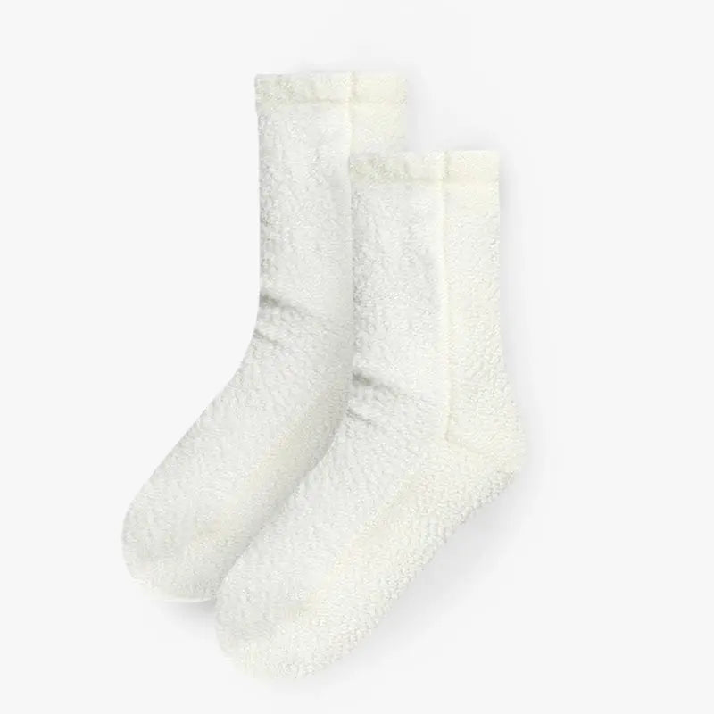 Cream fleece crew socks, two pairs stacked, soft textured knit