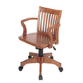 Wooden bankers chair with slatted back, wood seat and arms, and black caster base