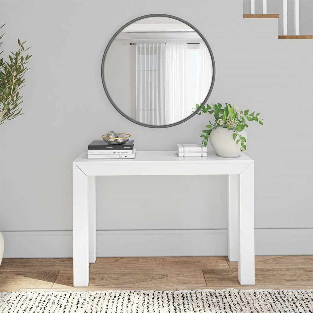 White wooden console table with a rectangular top and straight legs, shown from the front.