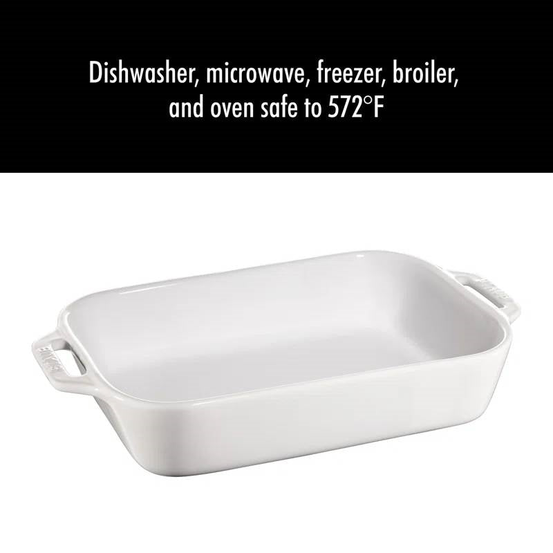 White rectangular ceramic casserole dish with two side loop handles