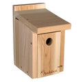 Cedar wooden bird house with round entrance hole, side panel, natural finish