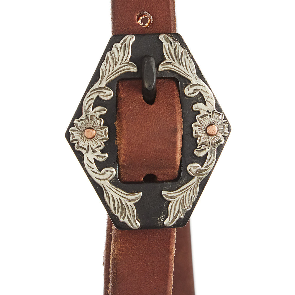 Engraved diamond concho buckle with floral filigree on brown leather strap