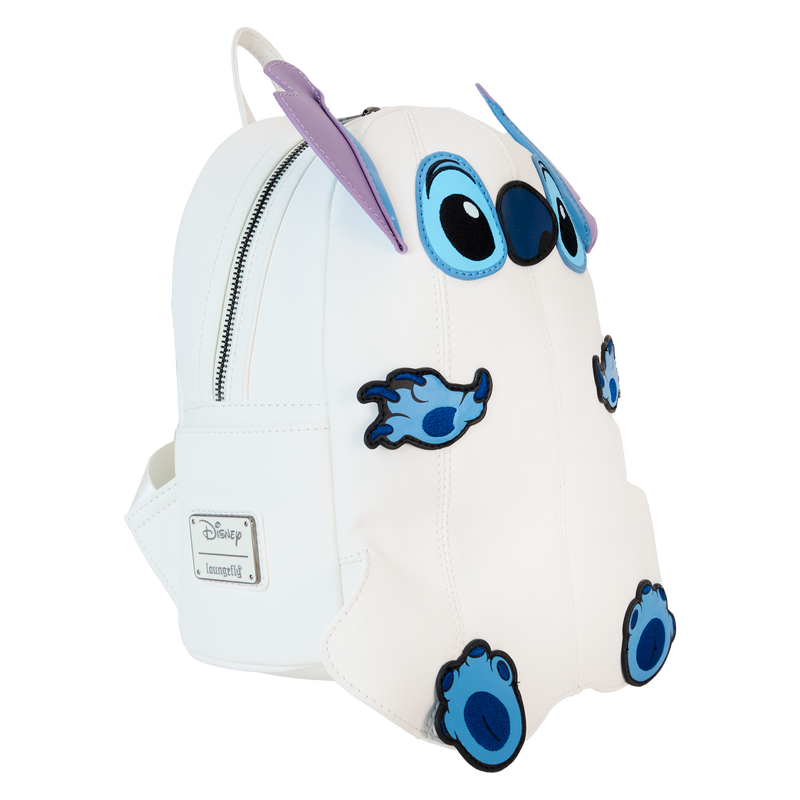Figural Stitch ghost mini backpack with side zipper, white body, and blue stitch applique