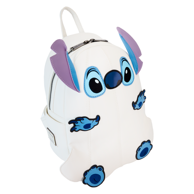 Figural Stitch ghost mini backpack front view with zipper pocket and blue face graphic