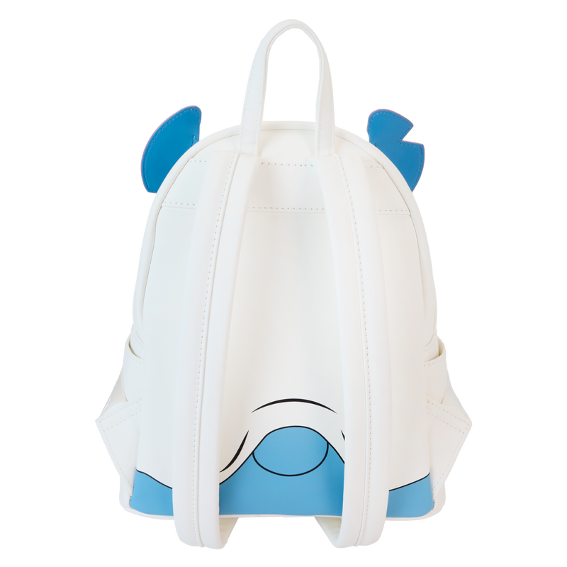 Figural Stitch ghost mini backpack back view with white hood shape and blue trim