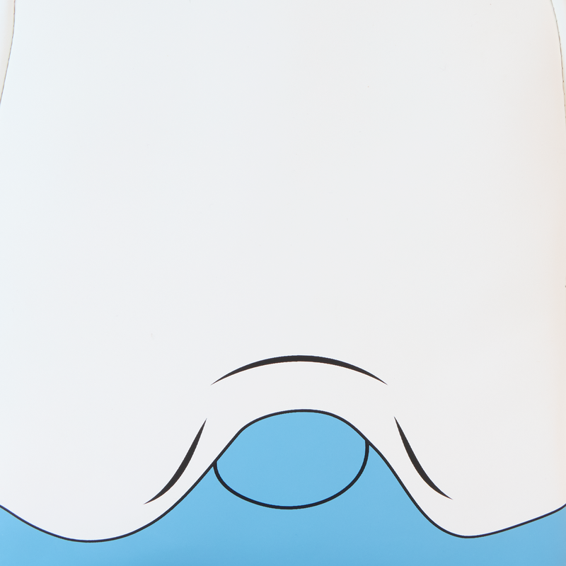 Close-up of Stitch ghost mini backpack face with blue eye and curved mouth design