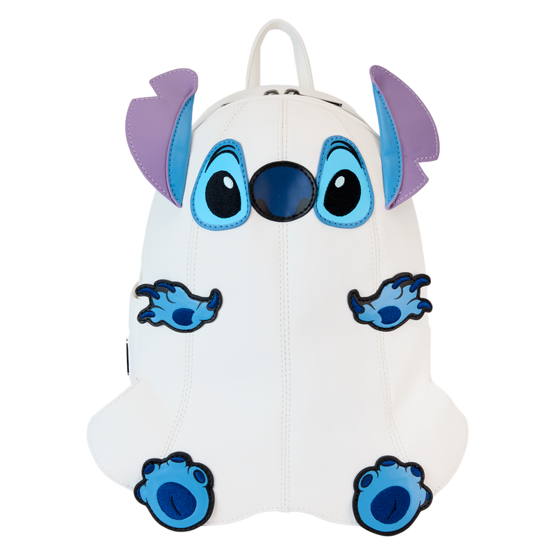 Figural Stitch ghost mini backpack with white body, blue eyes, and purple ears