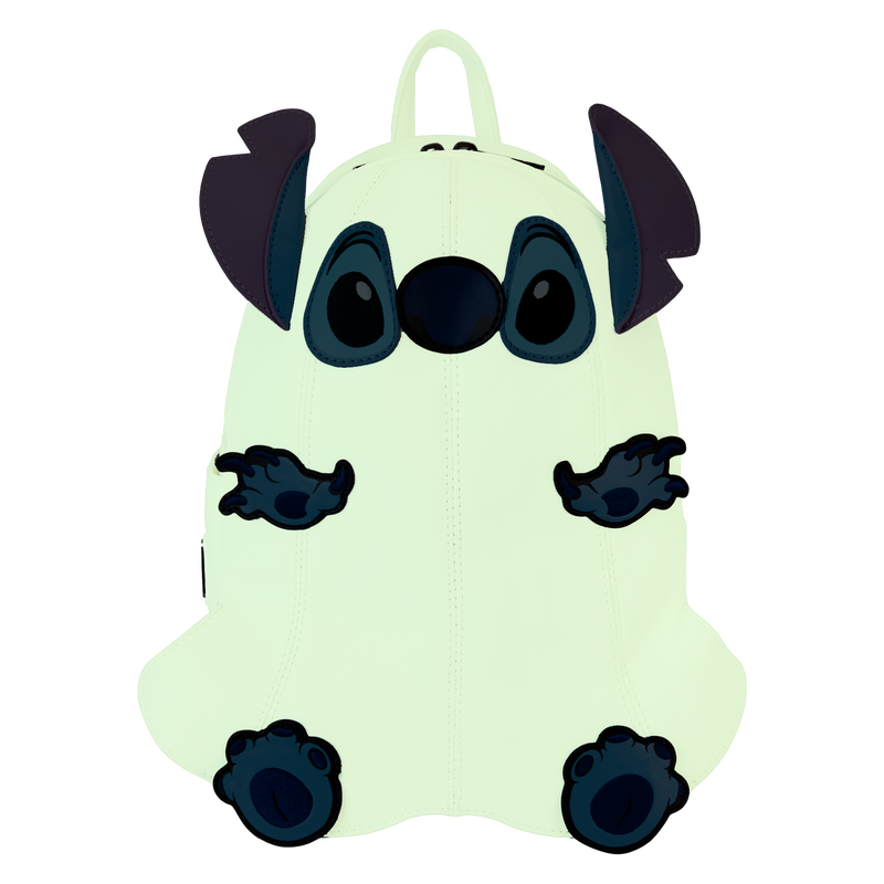 Figural Stitch ghost mini backpack with pale green glow body, blue eyes, and purple ears