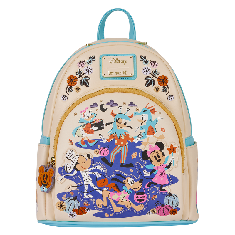 Cream mini backpack with blue trim; Mickey and friends Halloween scene on front