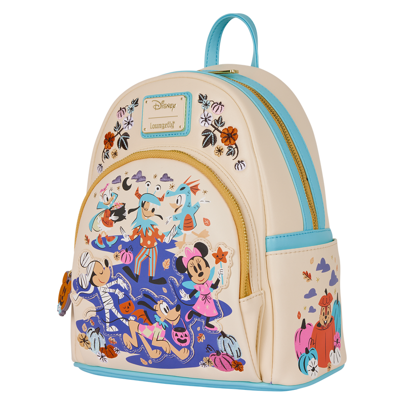 Cream mini backpack with blue side pocket and front graphic of Mickey and friends