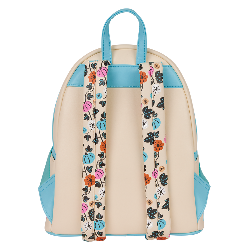 Cream mini backpack with blue straps and floral vines pattern on front