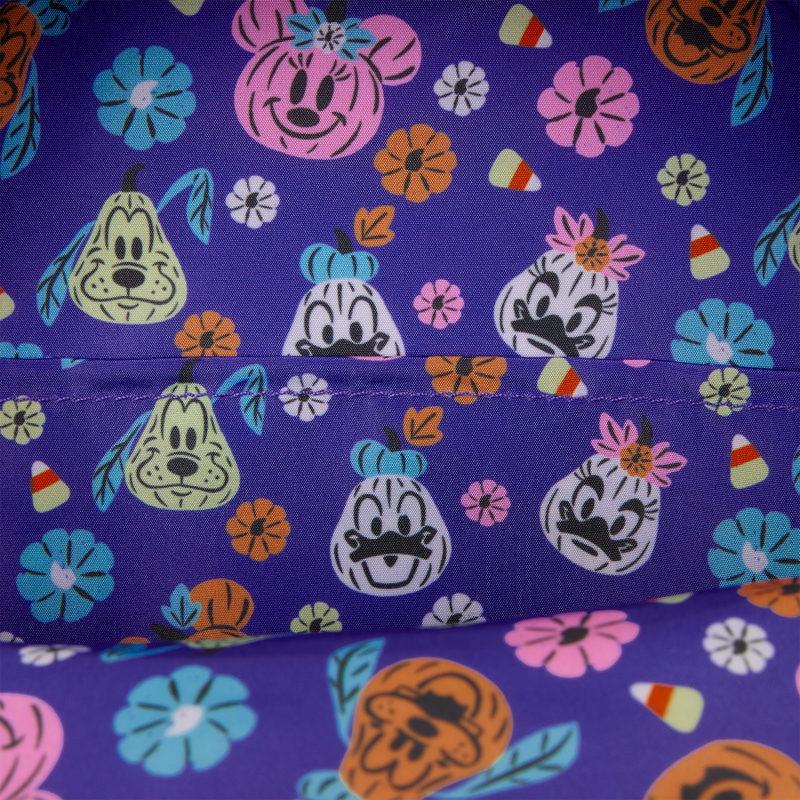 Purple fabric lining with cartoon character and flower pattern