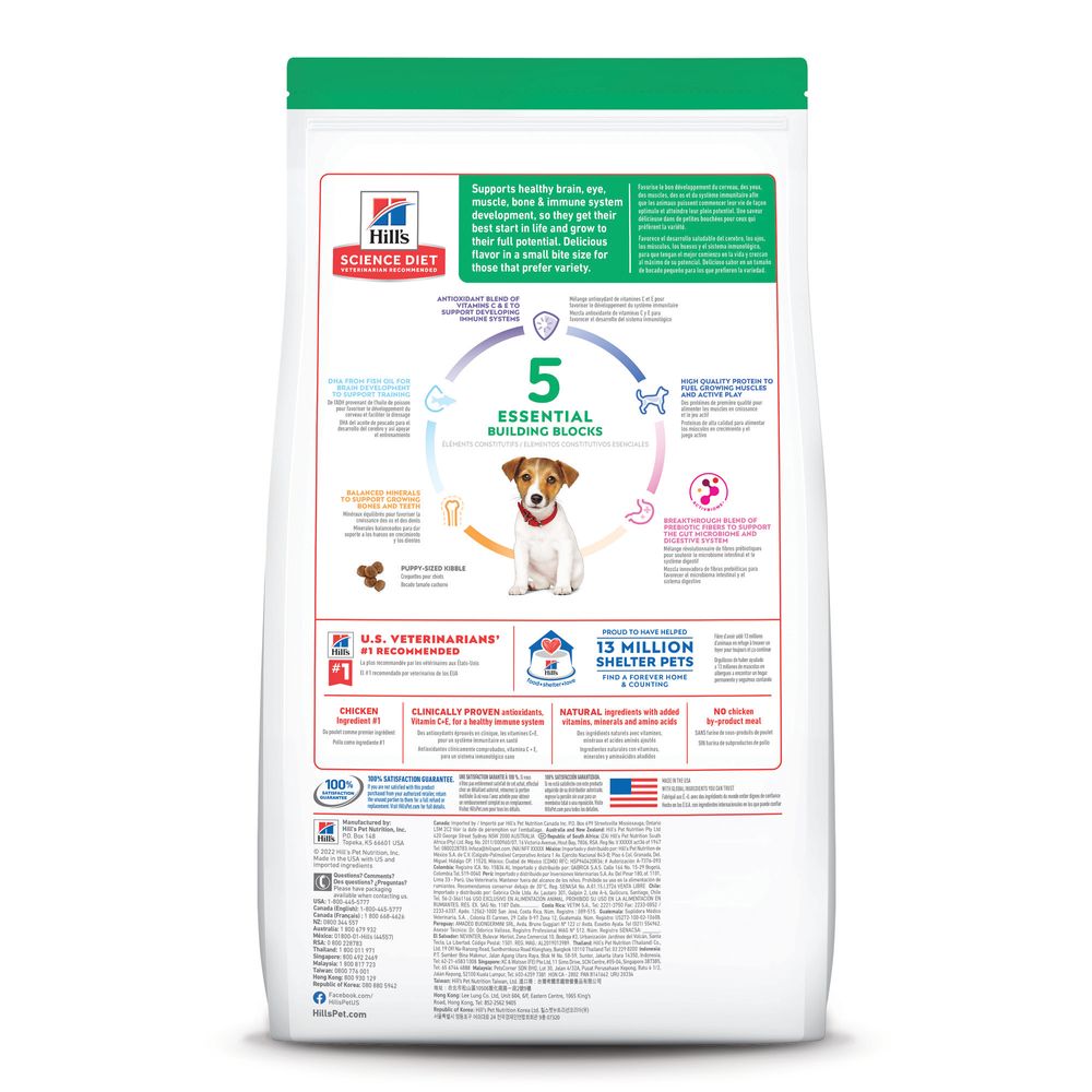 Back of puppy dry dog food bag with nutrition info and pet health icons