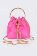 Fuchsia satin bucket bag with rhinestone top handle and gold chain straps