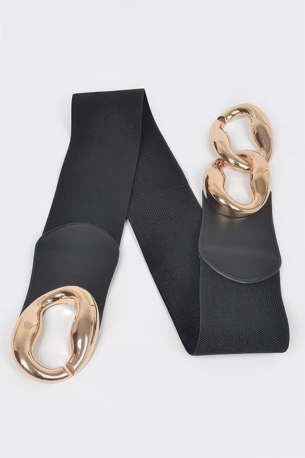 Black belt with gold-tone oval chain buckle, laid flat