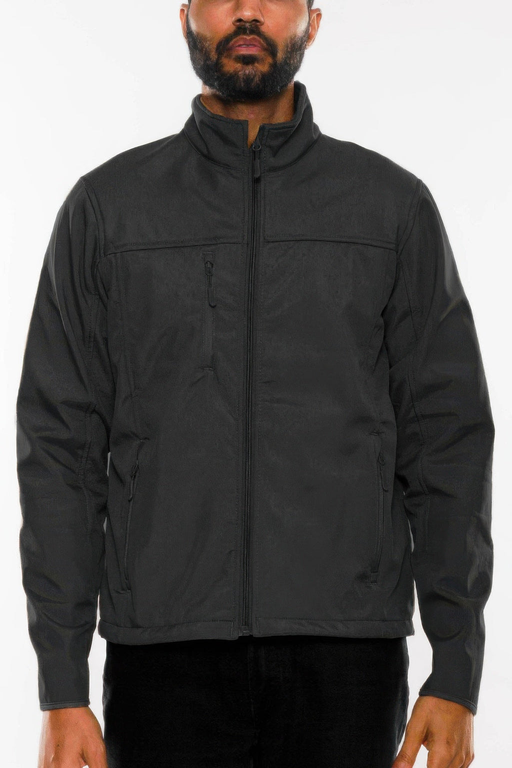 Men's black soft shell storm tech jacket with full-zip front and stand collar