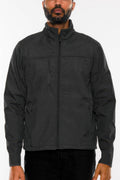 Men's black soft shell storm tech jacket with full-zip front and stand collar