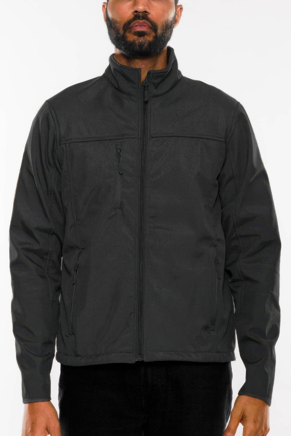 Men's black soft shell storm tech jacket with full-zip front and stand collar