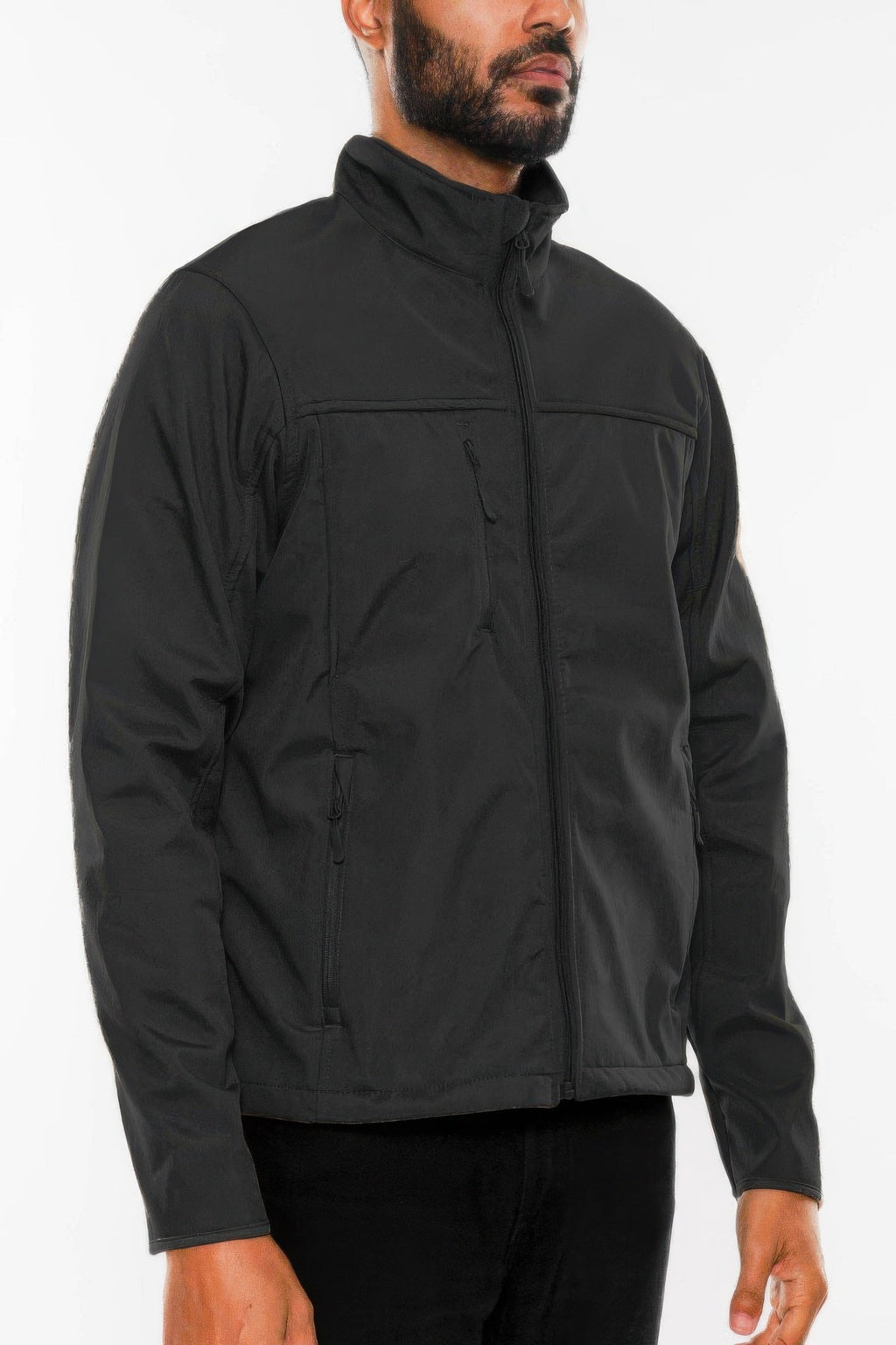 Men's black soft shell jacket with stand collar, full-zip front, and flap pockets