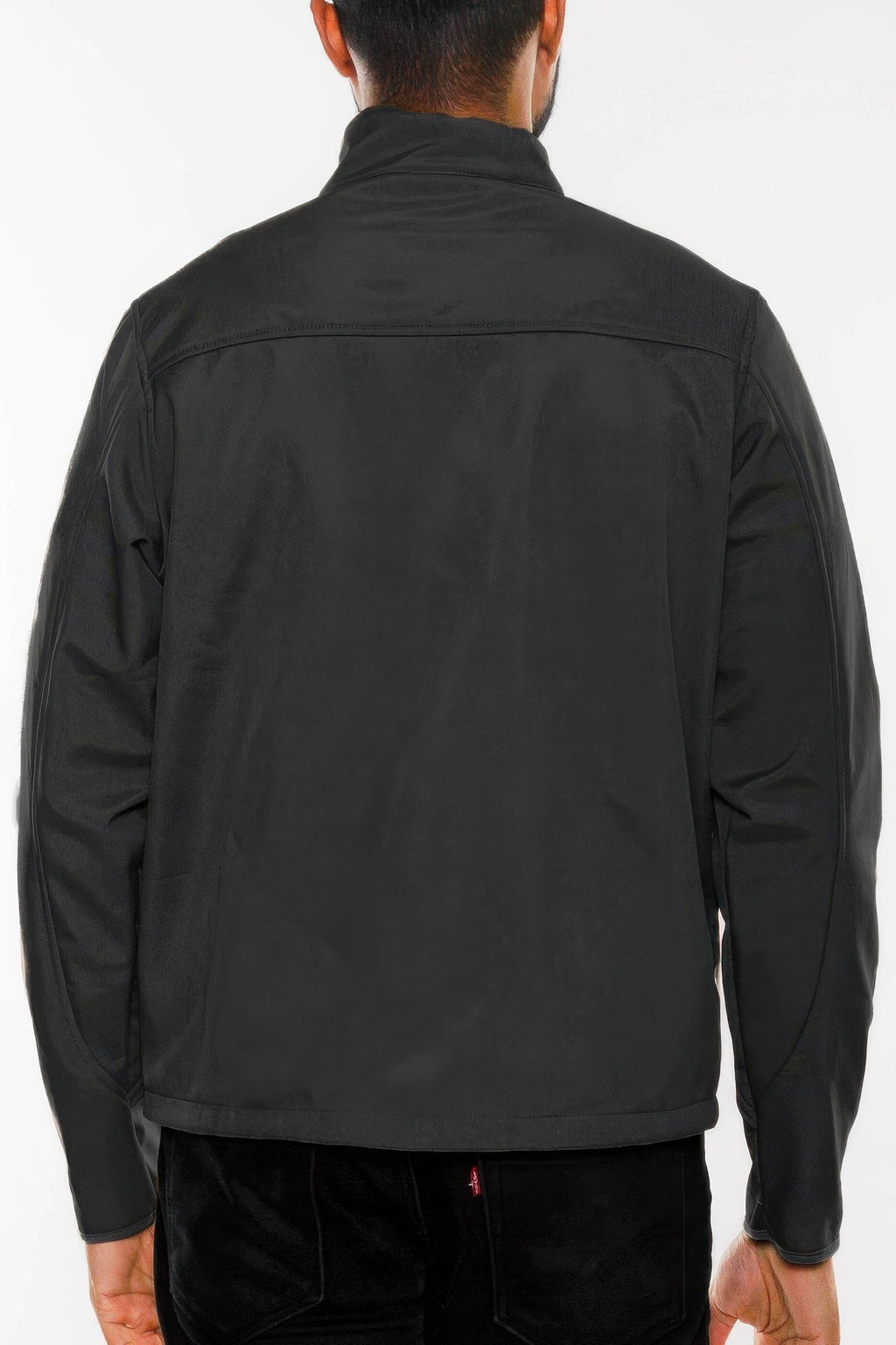 Men's black soft shell storm tech jacket back view with stitched shoulder yoke