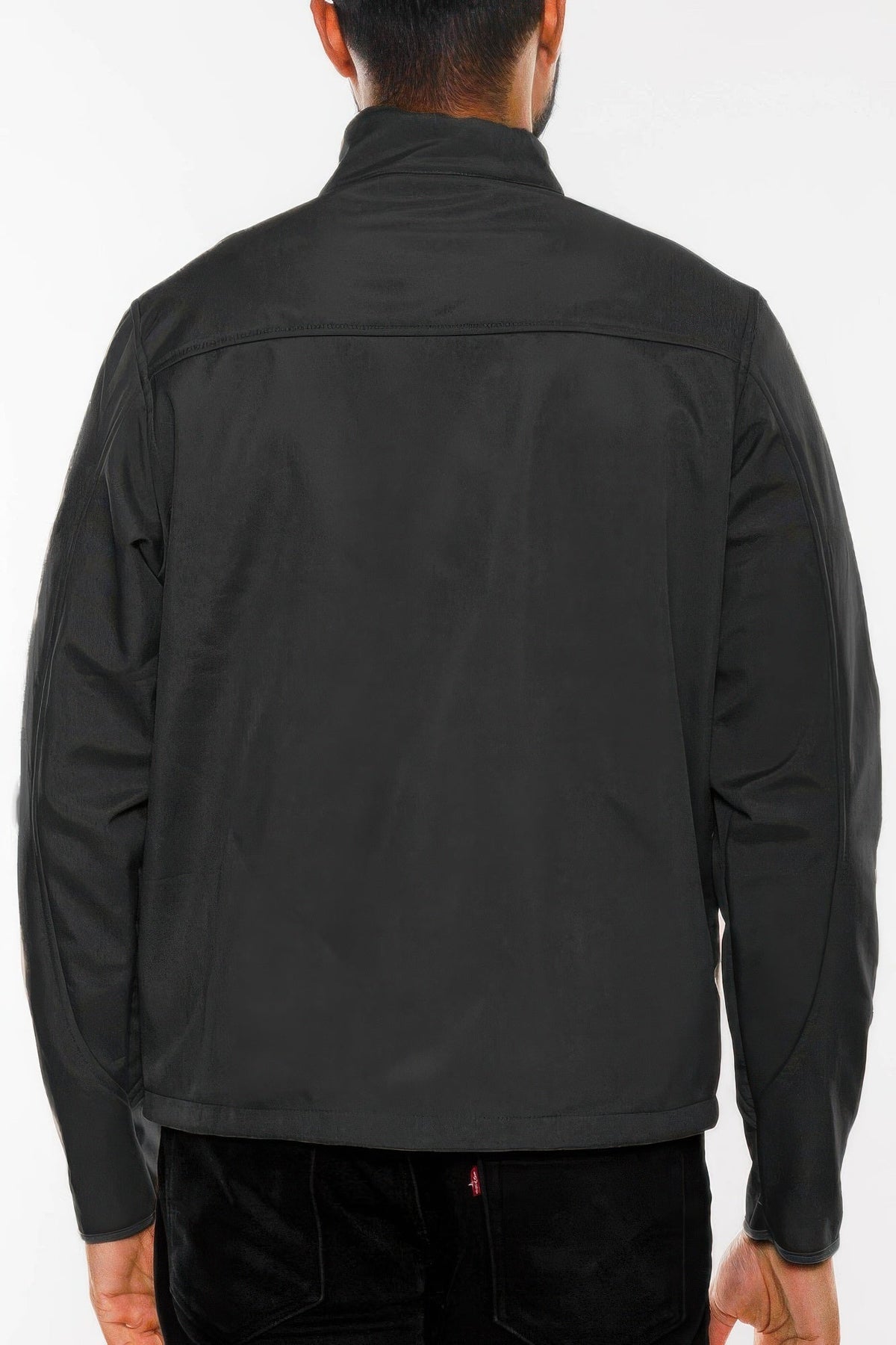 Men's black soft shell storm tech jacket back view with stitched shoulder yoke