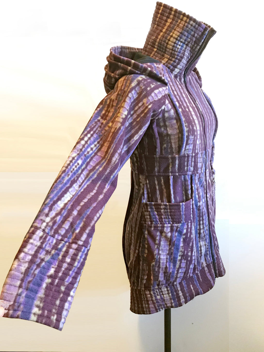 Multicolor striped fleece hooded jacket with full zip and roomy hood