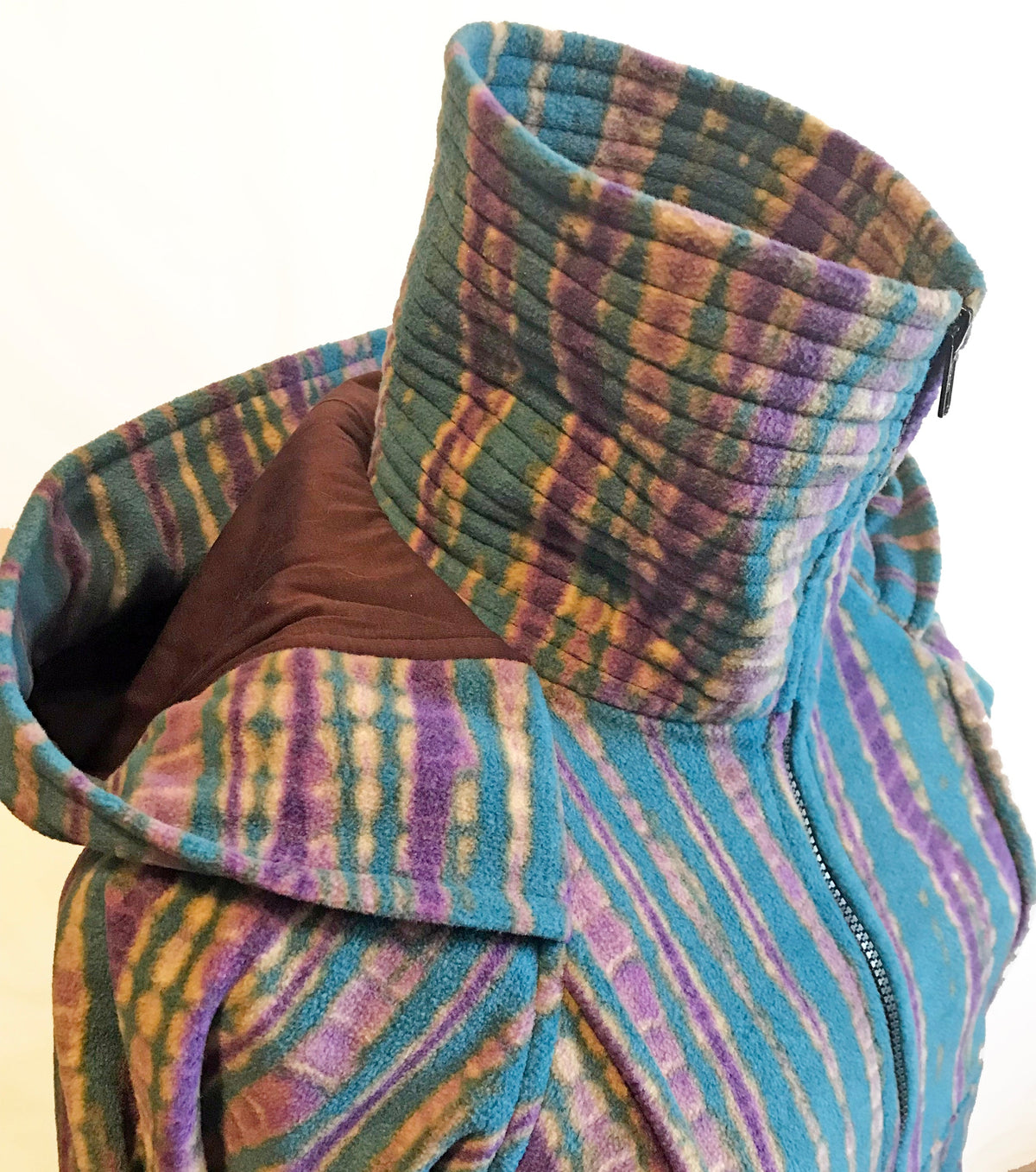 Multicolor plaid striped fleece collar and hood with full-zip front