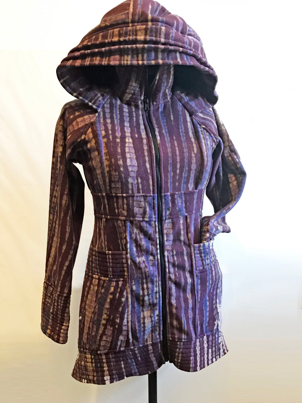 Multicolor striped fleece hooded sweater jacket with full zip and front patch pockets