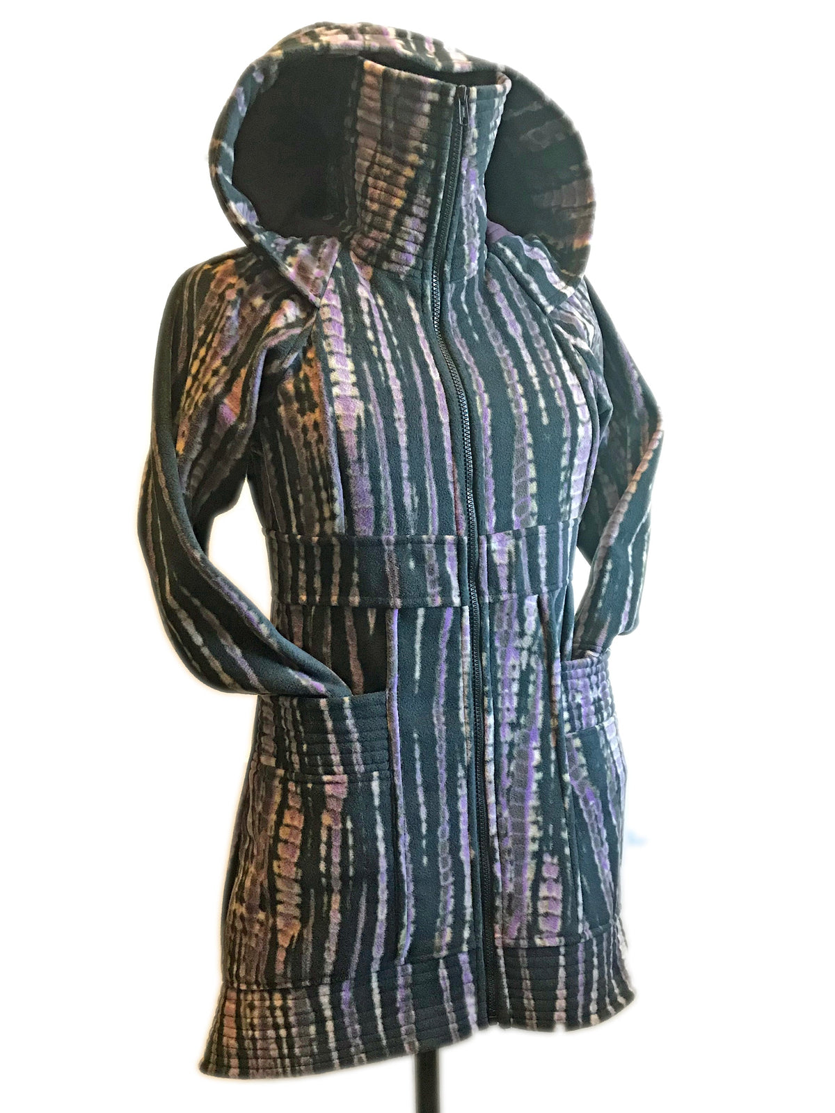 Fleece hooded sweater jacket, dark multi-color vertical stripe pattern, front view