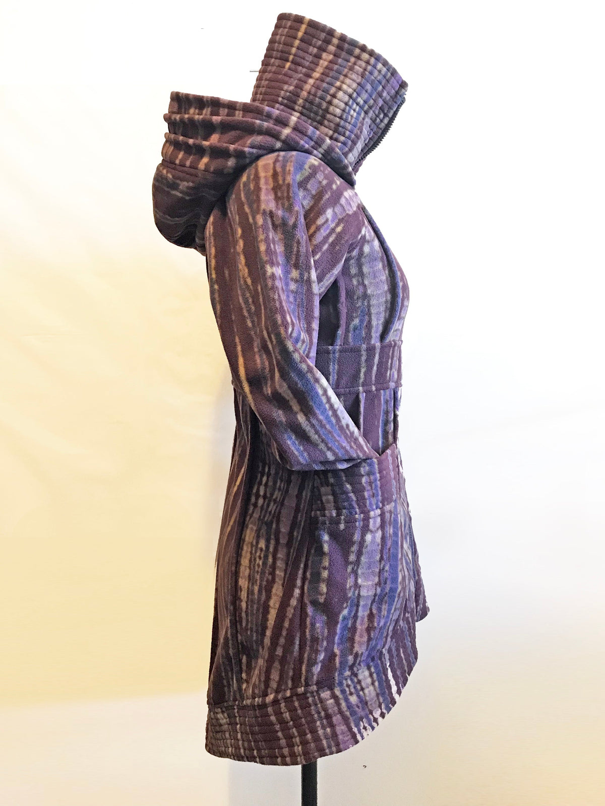 Multicolor striped fleece hooded jacket with full zip, long sleeves, and front pockets