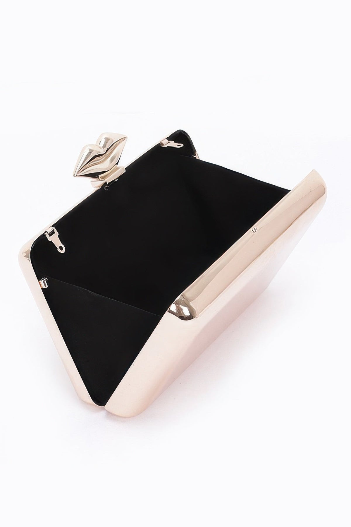 Beige clutch with black interior and gold-tone book-shaped clasp, crossbody chain