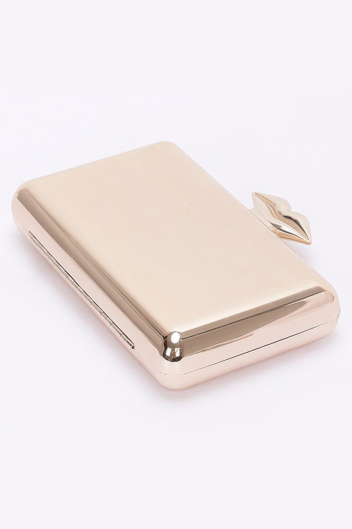 Light beige clutch with gold-tone book-shaped clasp and slim metal edge