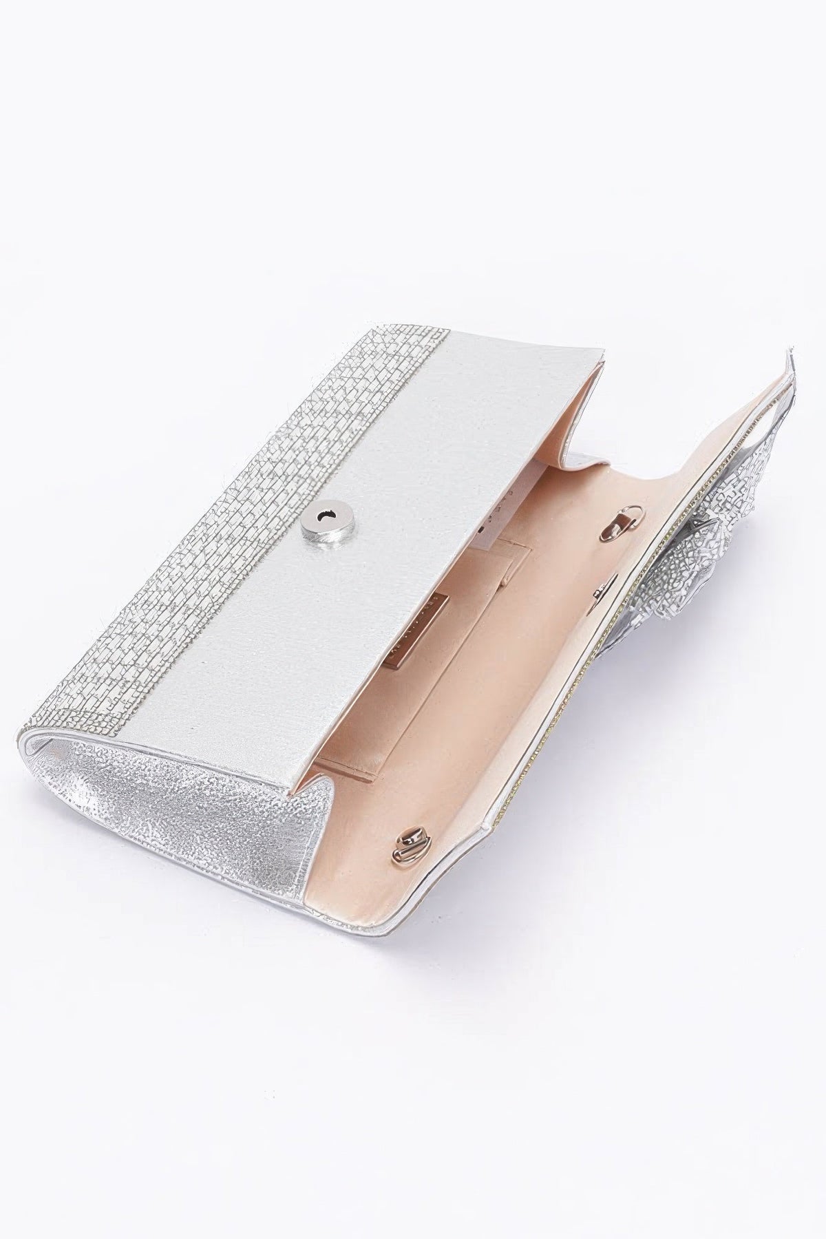 Silver beaded clutch, open top with beige interior and snap button