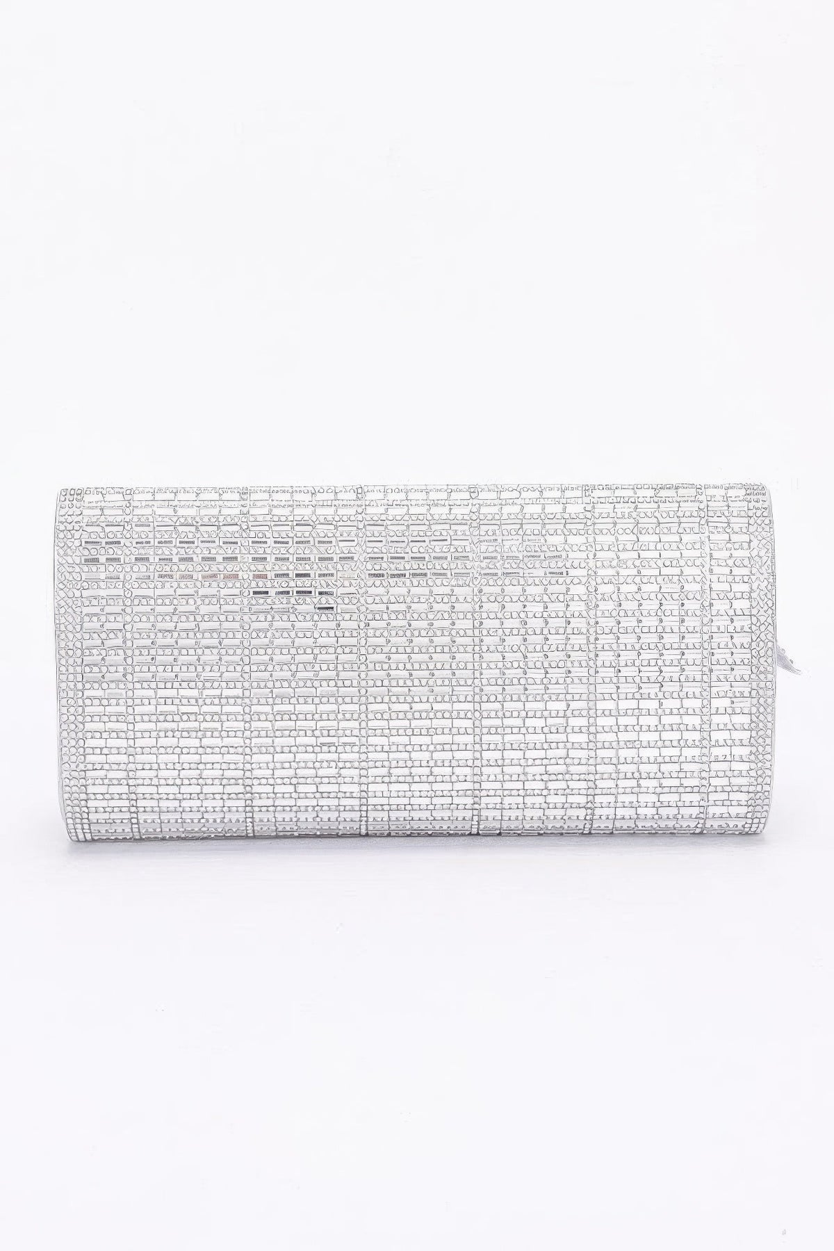 Silver beaded rectangular clutch with chain strap and textured surface