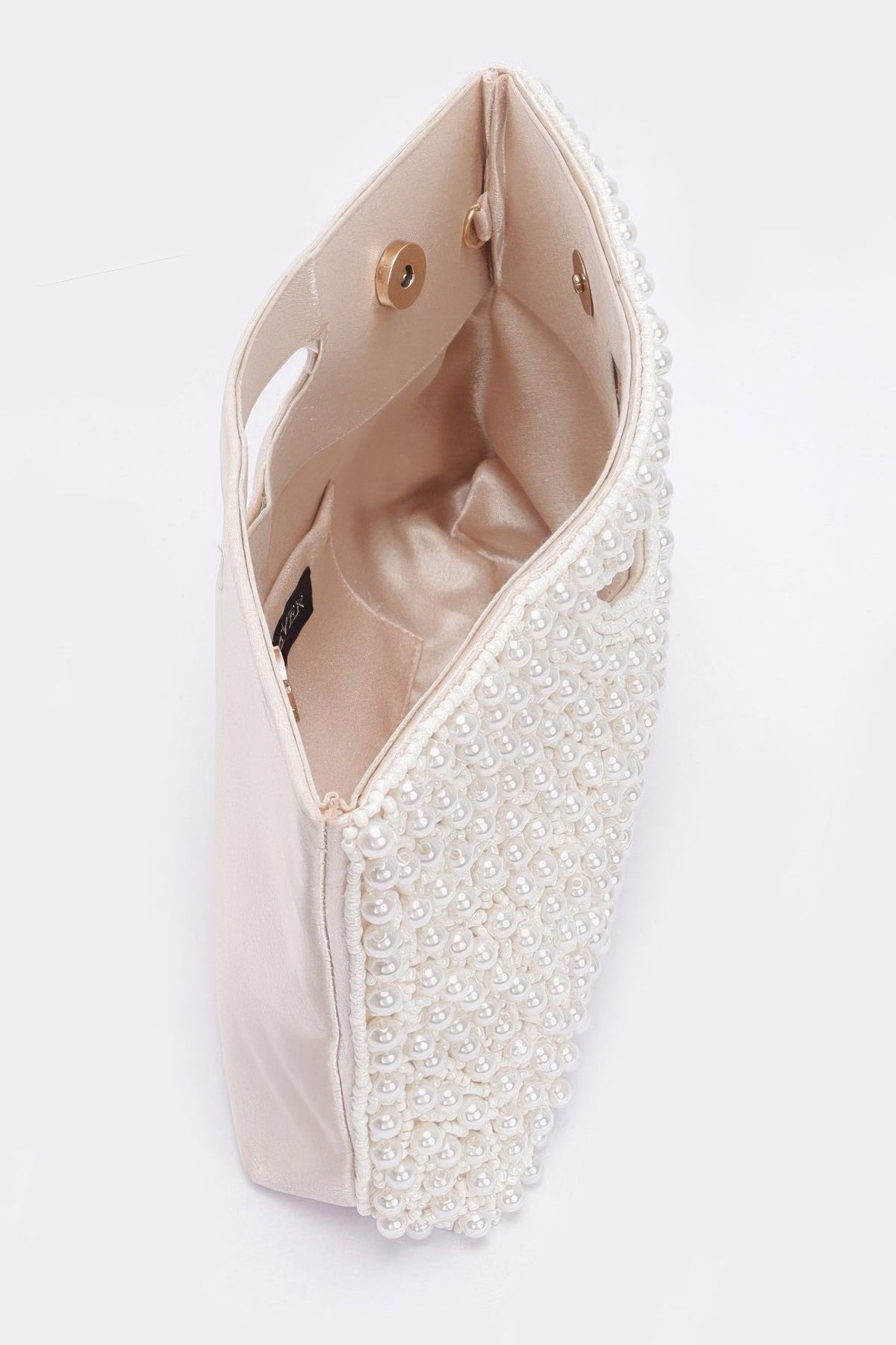 Cream satin interior beaded clutch bag with frame opening