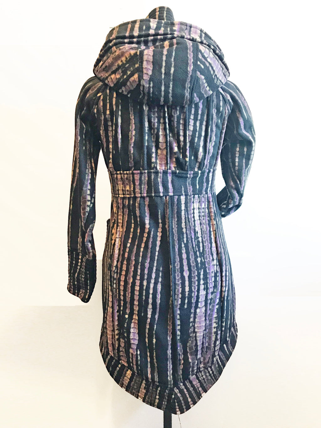Fleece hooded sweater jacket, multi-color vertical stripes, back view with hood